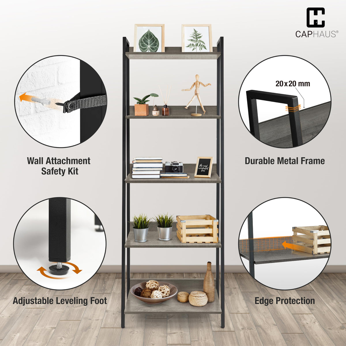 5 Tier Ladder Bookshelf, 24 Inch Free Standing Storage Rack, Dark Grey Q4671