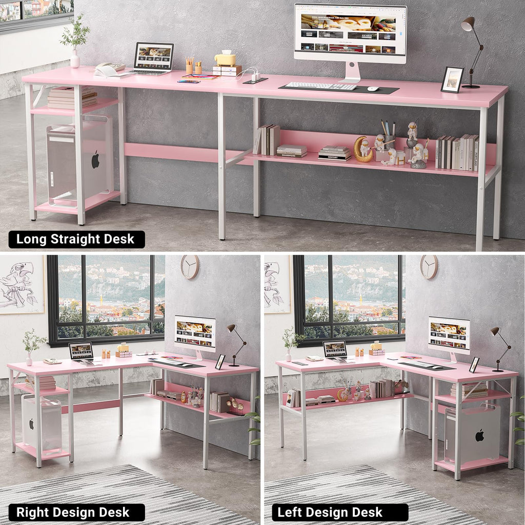 Pink L Shaped Desk with Power Outlets and USB Charging Ports D116920