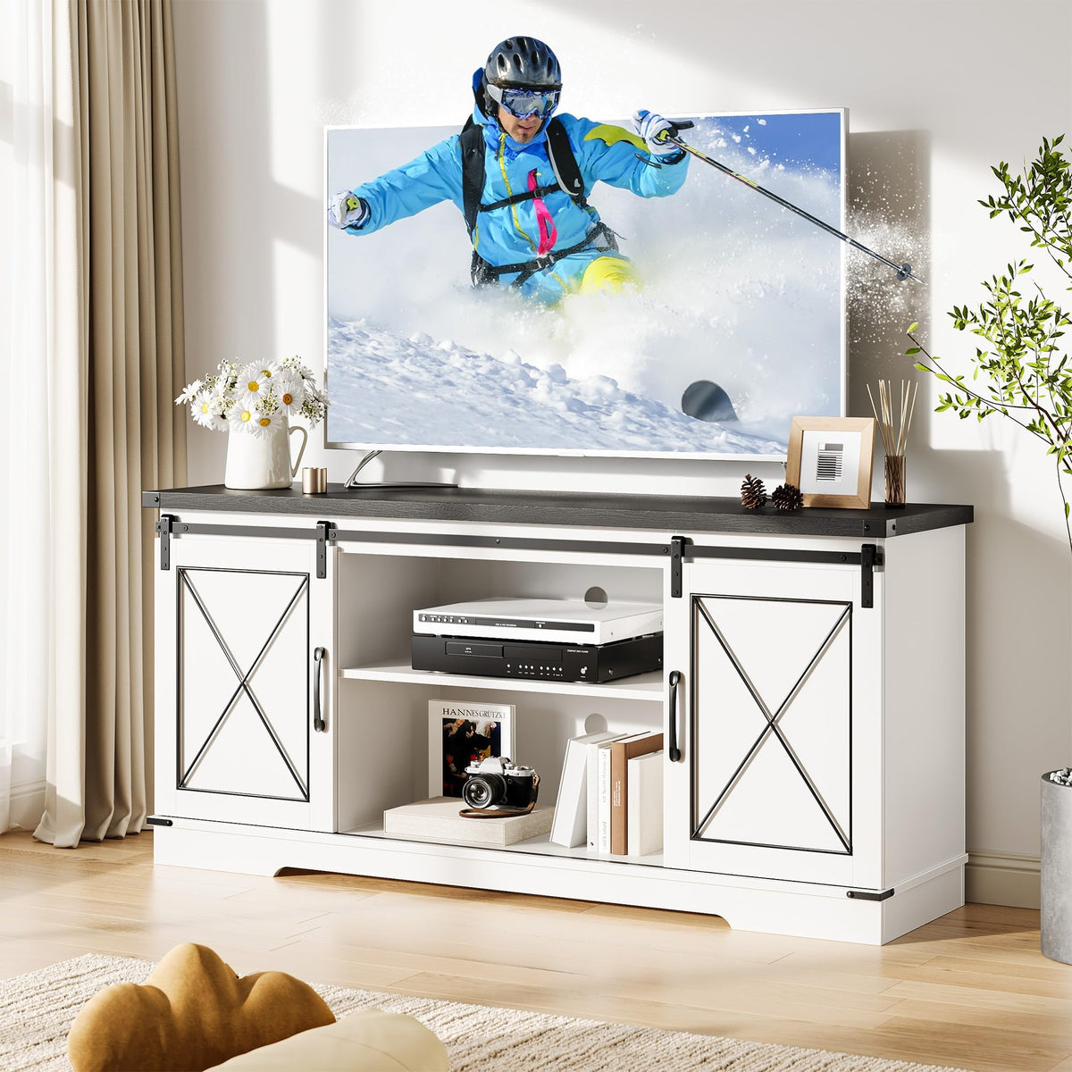 White Rustic Farmhouse TV Stand with Sliding Barn Doors L244255