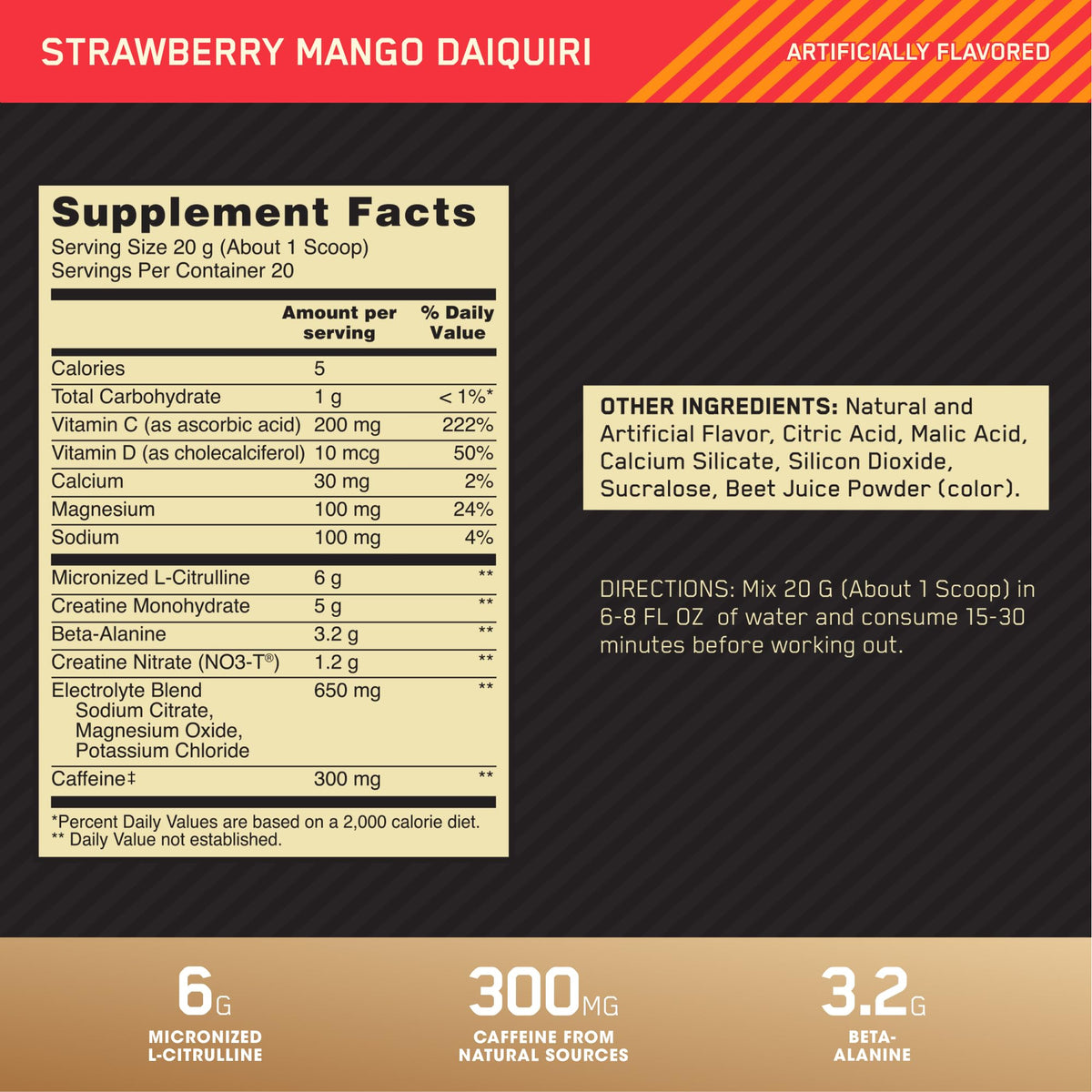 Pre Workout with Creatine Beta-Alanine L-Citrulline and Caffeine, Strawberry Mango Daiquiri, 20 Servings K905