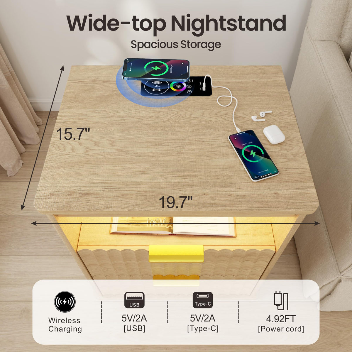 LED Nightstand with Charging Station and 2 Drawers M17262