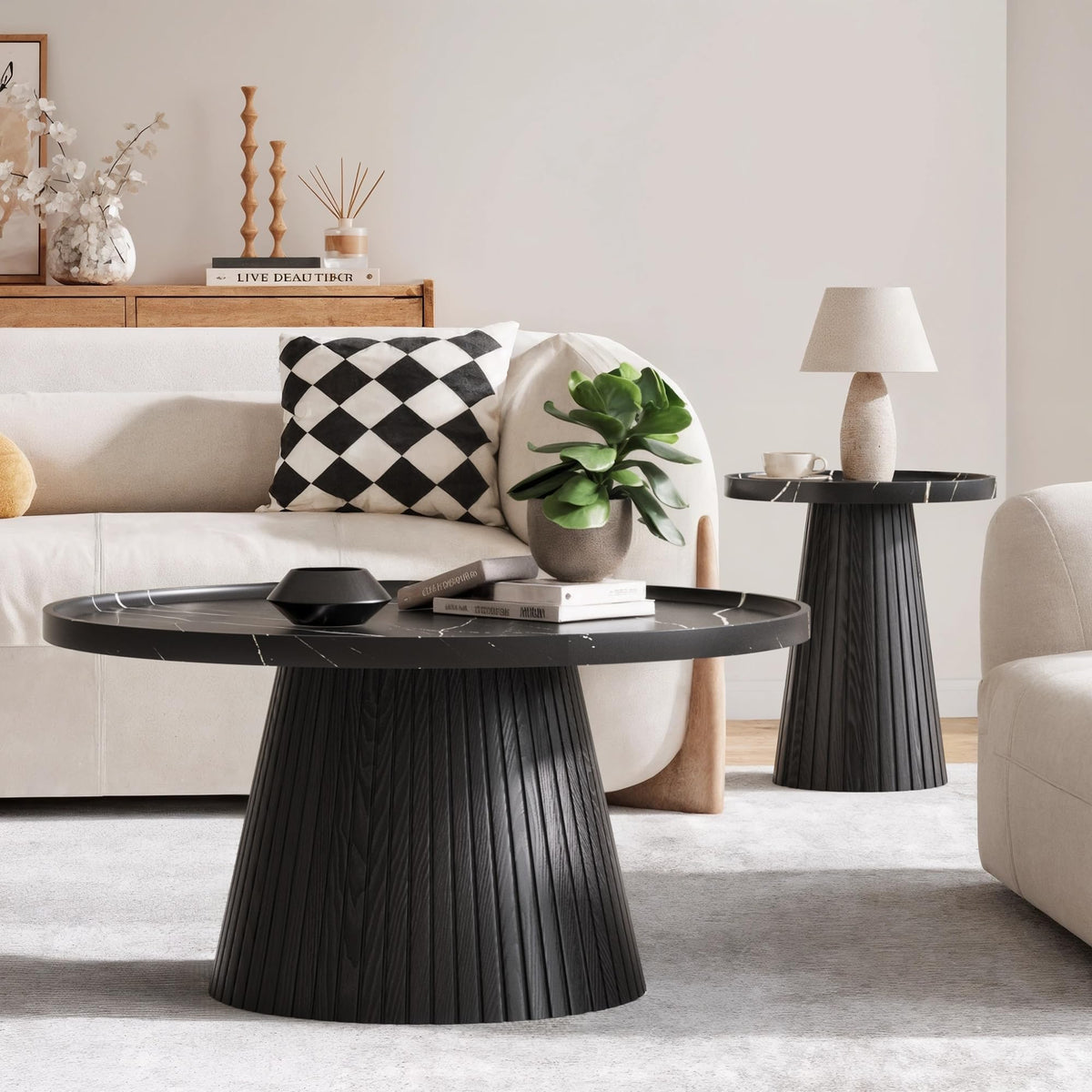 Black Marble Veneer Nesting Coffee Table Set of 2 O5983