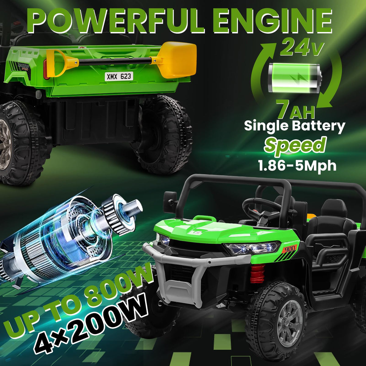 24V 4WD Ride on Truck Car with Dump Bed, 2 Seaters, Remote Control, Green A975
