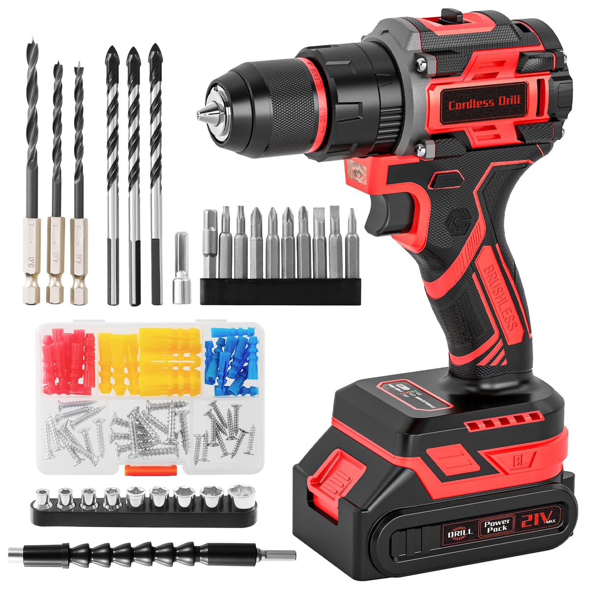21V Brushless Cordless Drill Set with Charger, 3/8" Keyless Chuck, 87Pcs Accessories A187
