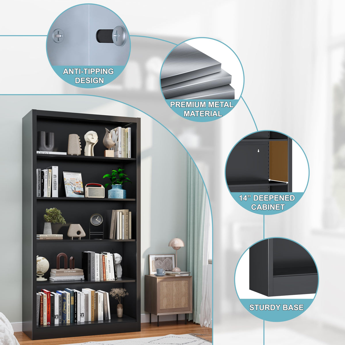 Black 5-Tier Adjustable Metal Bookshelf V7735