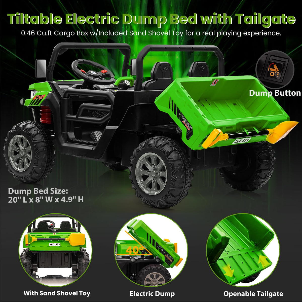 24V 4WD Ride on Truck Car with Dump Bed, 2 Seaters, Remote Control, Green A975