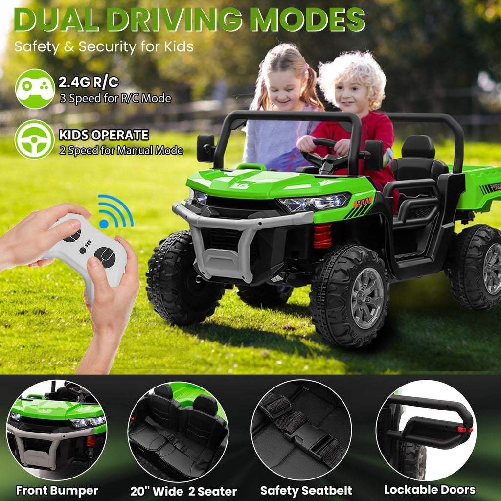 24V 4WD Ride on Truck Car with Dump Bed, 2 Seaters, Remote Control, Green A975