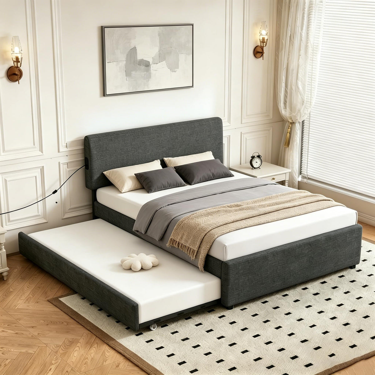 Full Size Upholstered Platform Bed with Trundle L486