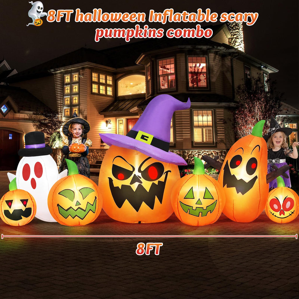 8FT Halloween Inflatables Pumpkin Witch Hat & Ghost Combo A85707