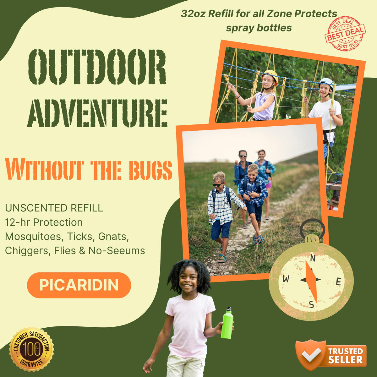 Picaridin Insect Repellent Refill, 32oz, 12-Hour DEET-Free Unscented Spray O773