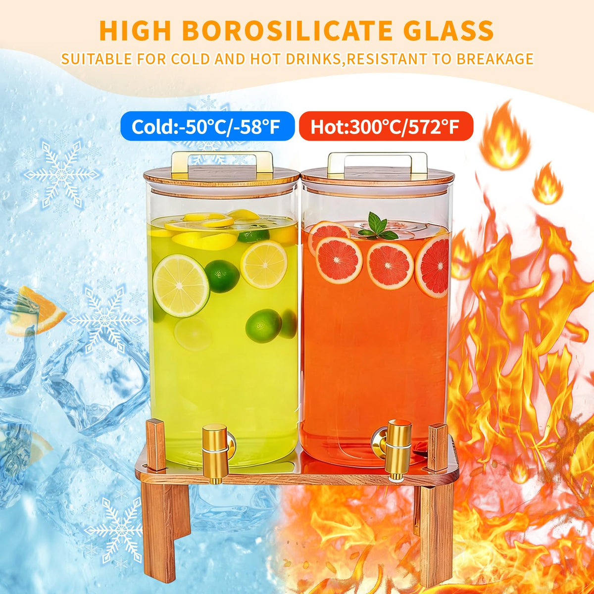 2 Pack 1.5 Gallon Glass Beverage Dispenser with Wooden Lid I562964