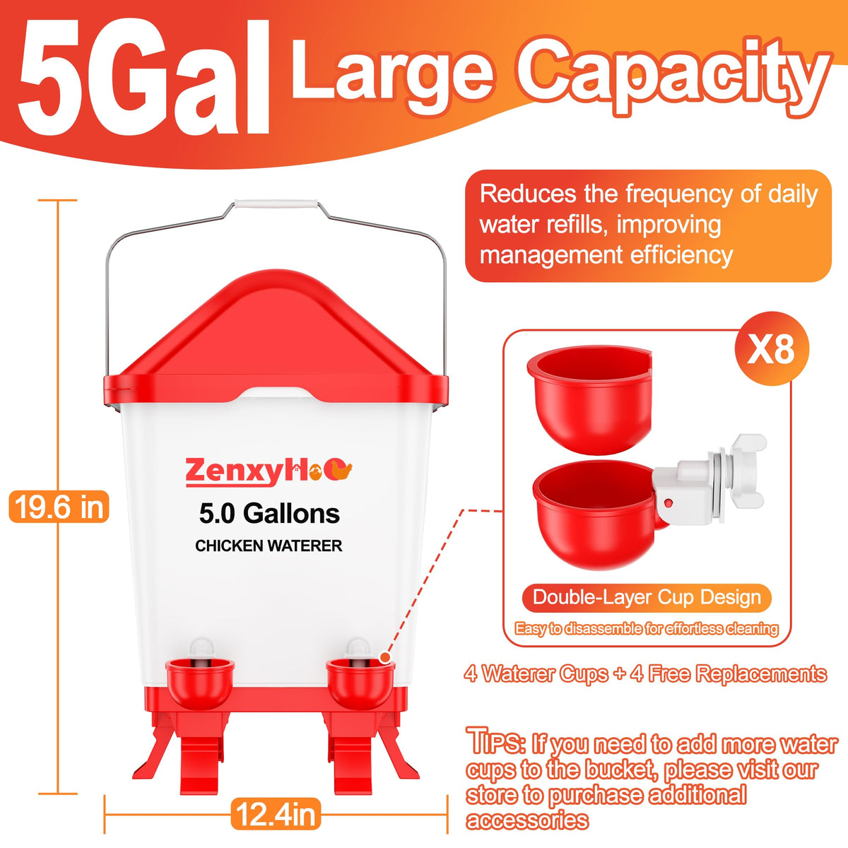 5.0 Gal Chicken Waterer Bucket with 4 Cups K872