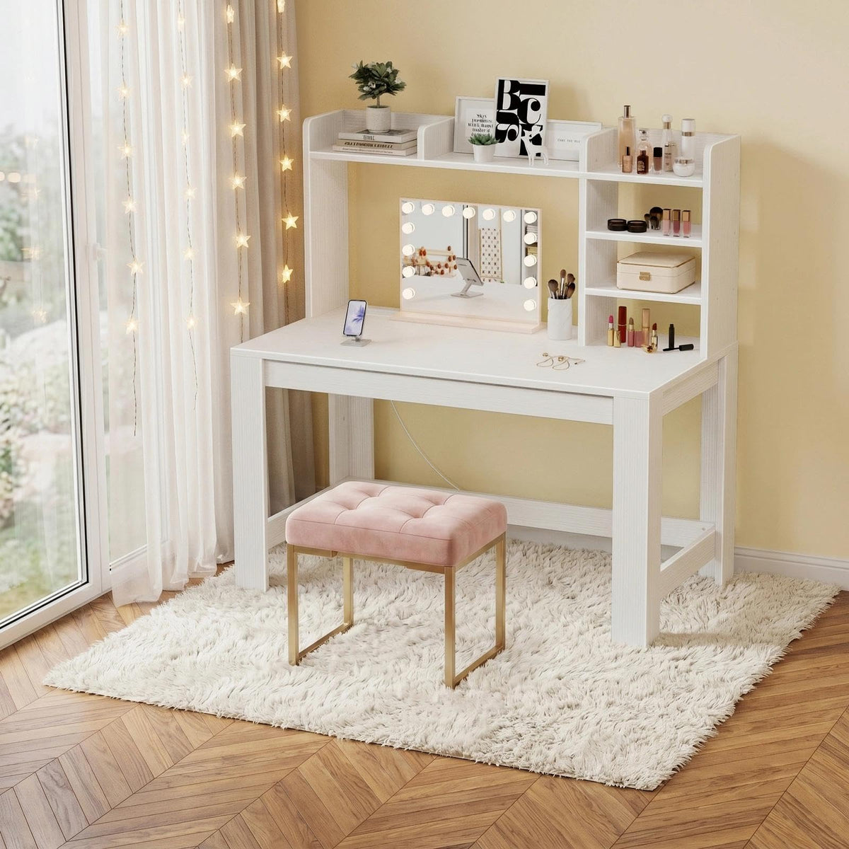 White Student Desk with Hutch and Built-in Power Outlet D3681