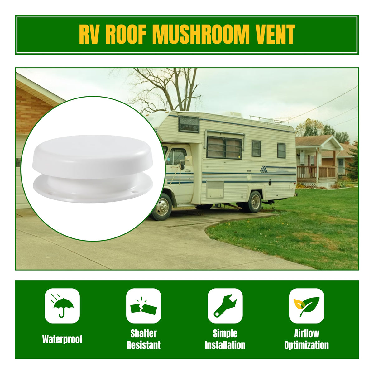 White RV Roof Mushroom Vent with Water Cover Guard Cap I887