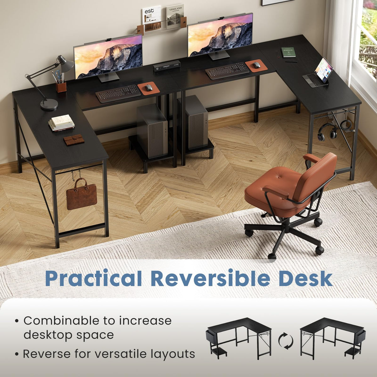 L Shaped Computer Corner Desk with PC Stand, Black K278