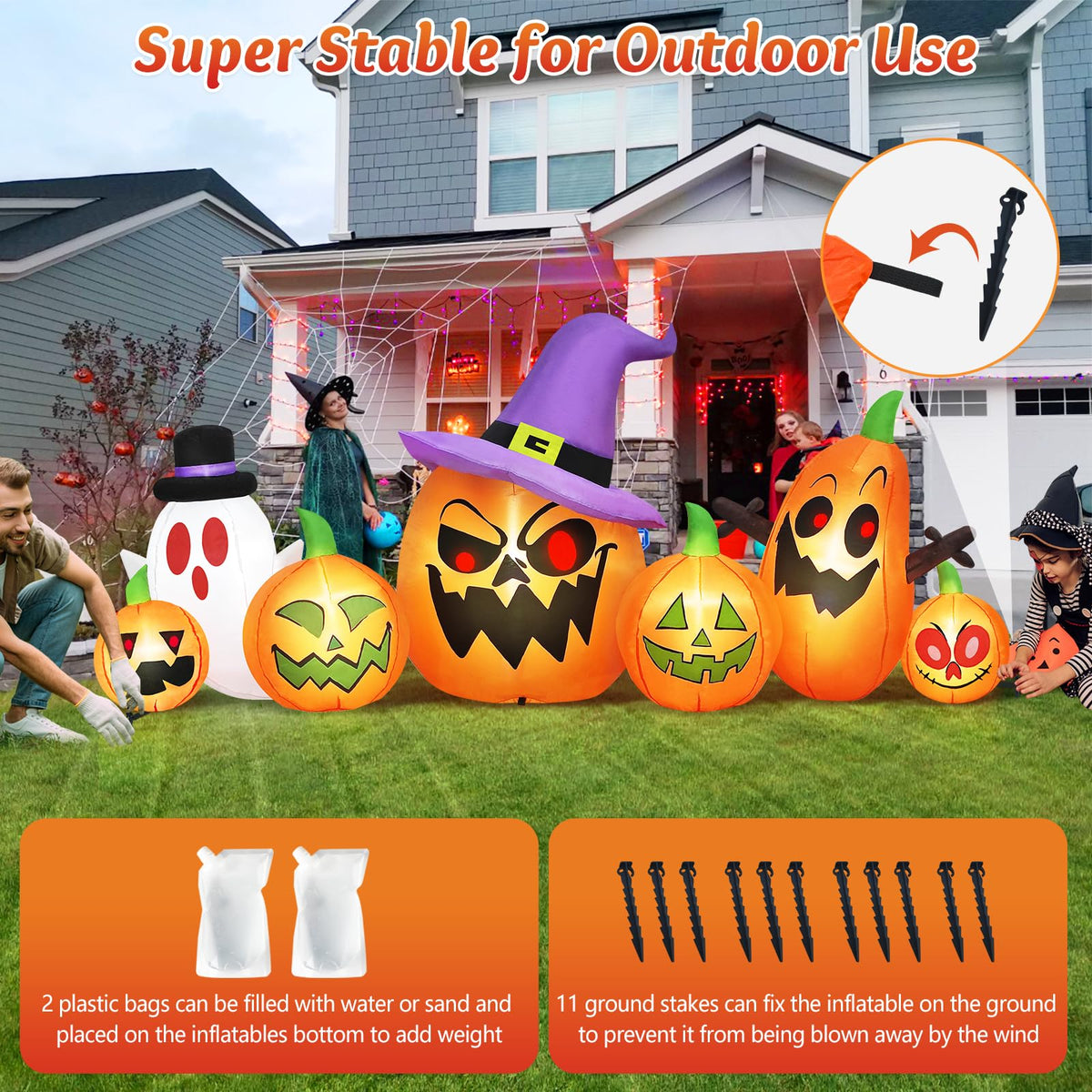 8FT Halloween Inflatables Pumpkin Witch Hat & Ghost Combo A85707