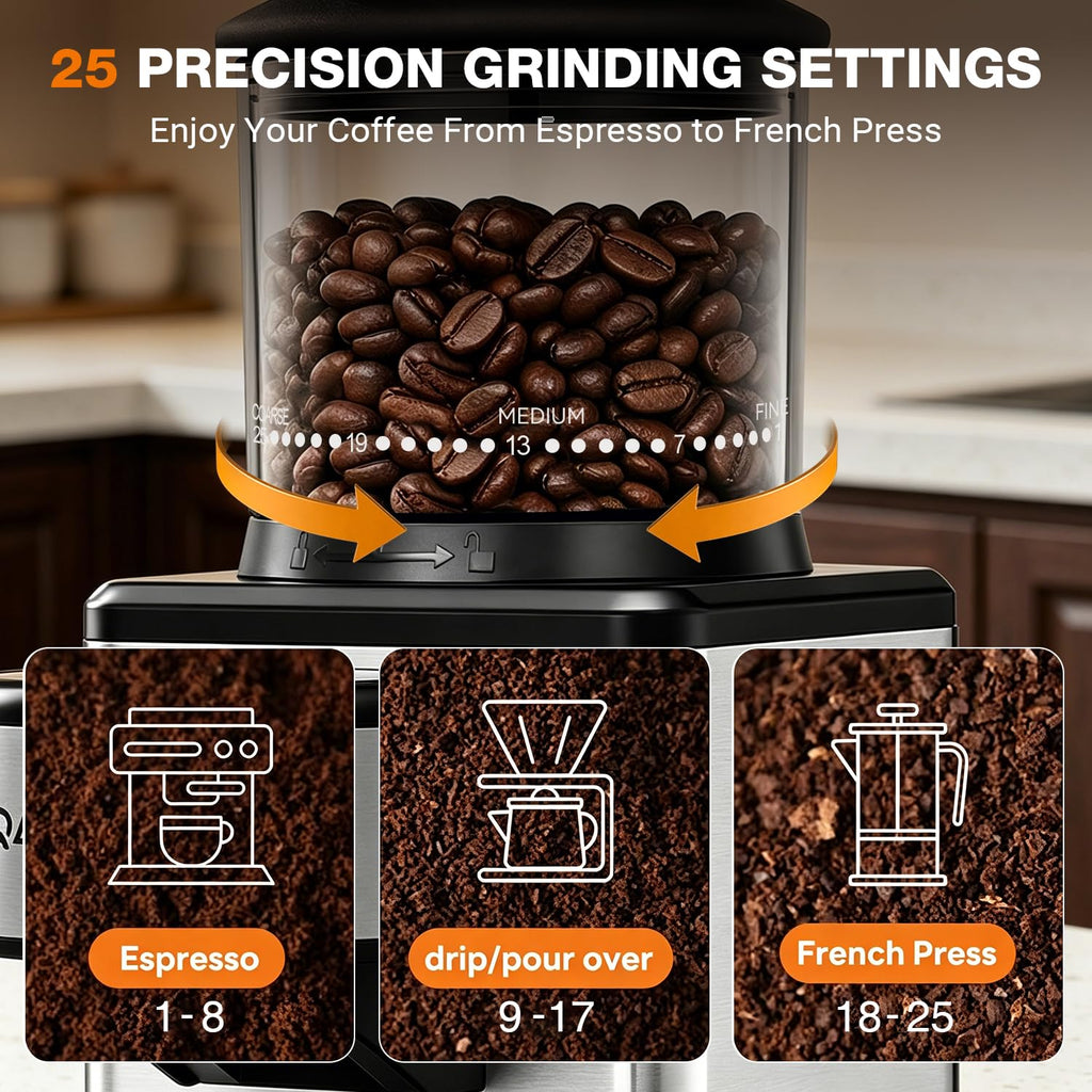 Conical Burr Coffee Bean Grinder, 25 Precise Settings, Anti-Static L43048