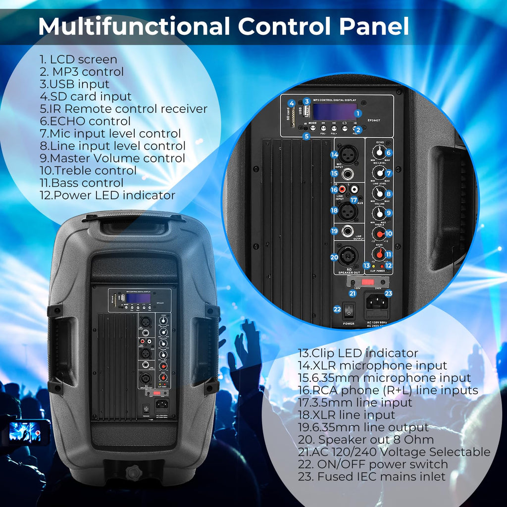 12" 2000W Portable 2-Way Powered PA Speaker System Combo Set Q812