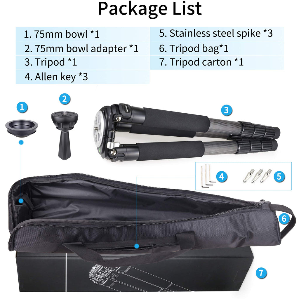Carbon Fiber Heavy Duty Tripod with 75mm Bowl Adapter 63 inch Black T267964