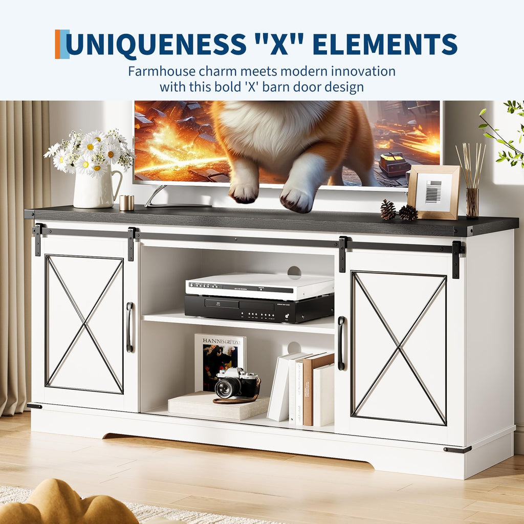 White Rustic Farmhouse TV Stand with Sliding Barn Doors L244255
