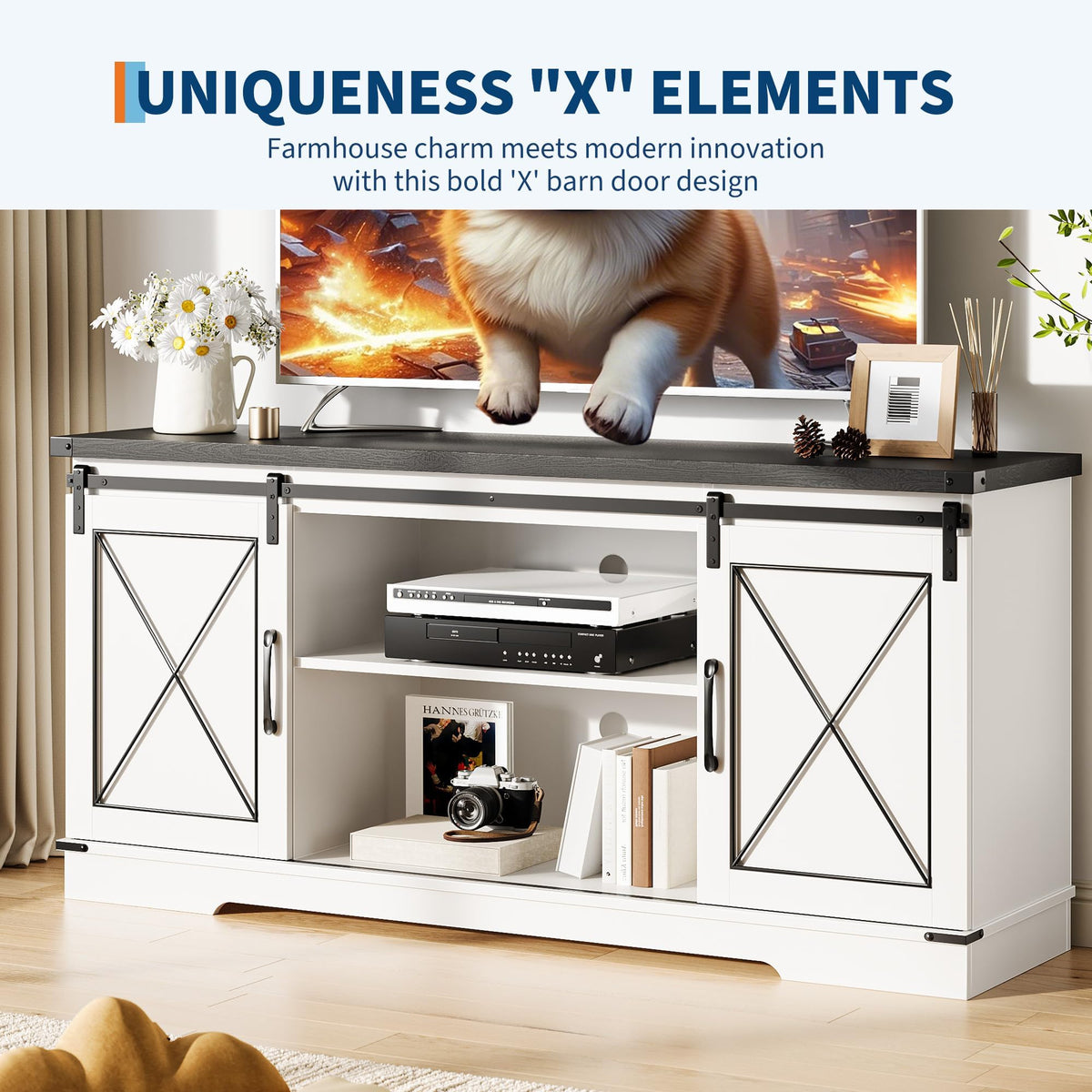 White Rustic Farmhouse TV Stand with Sliding Barn Doors L244255