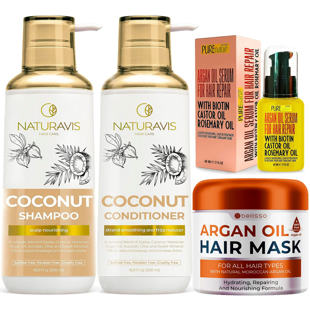 Coconut Shampoo and Conditioner Set and Moroccan Argan Oil Mask and Hair Serum S9315