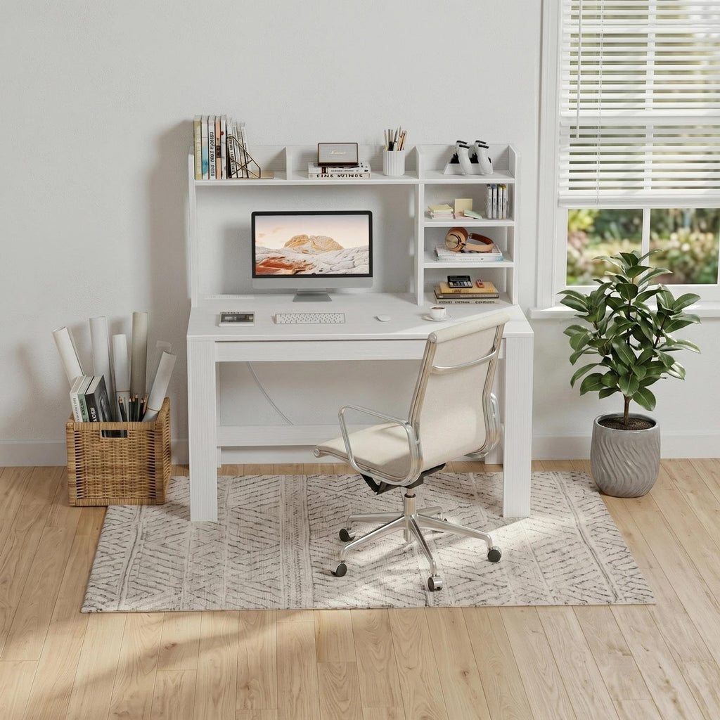 White Student Desk with Hutch and Built-in Power Outlet D3681