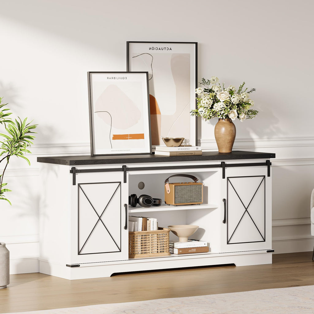 White Rustic Farmhouse TV Stand with Sliding Barn Doors L244255