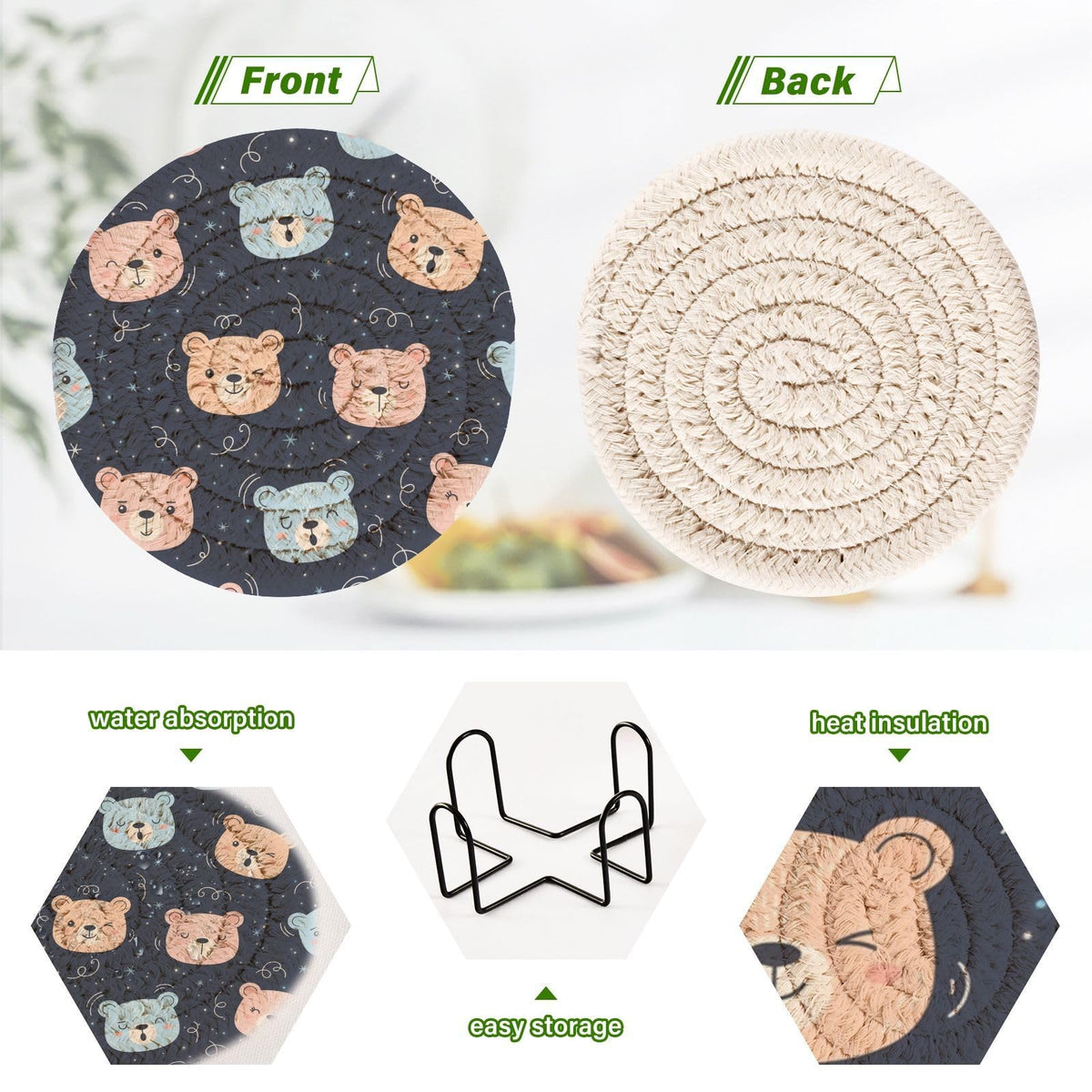 Black Stars Print Drink Coasters with Holder, Set of 6 A1509