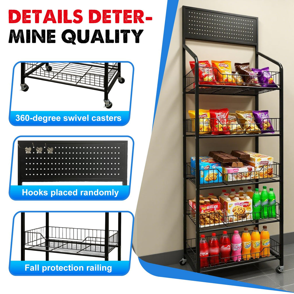 5 Tier Metal Candy Display Rack with Wheels & 15 Hooks O893233