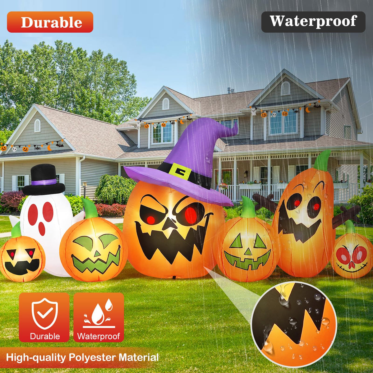 8FT Halloween Inflatables Pumpkin Witch Hat & Ghost Combo A85707