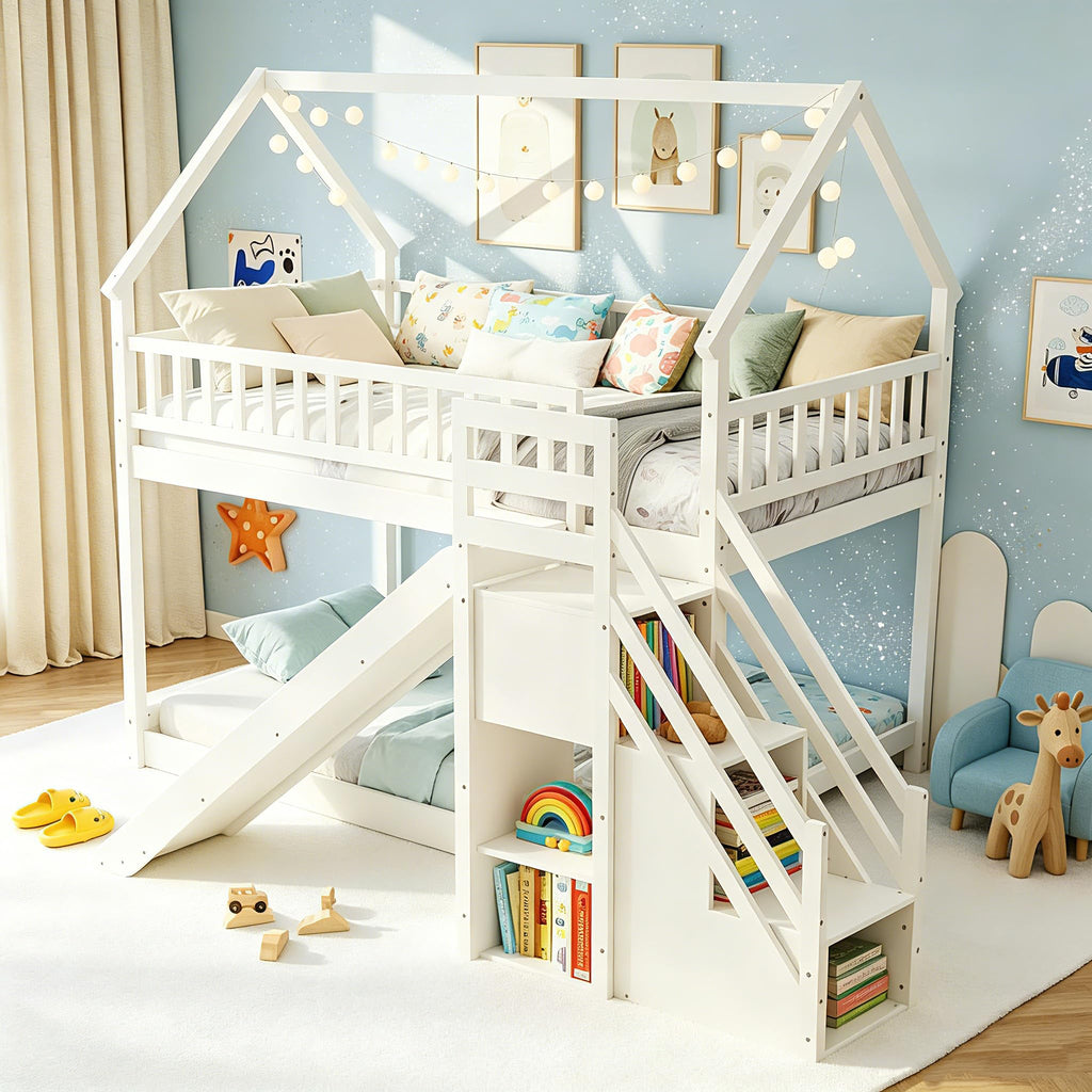 White Twin Over Twin Wood Bunk Bed with Slide and Stairs R954