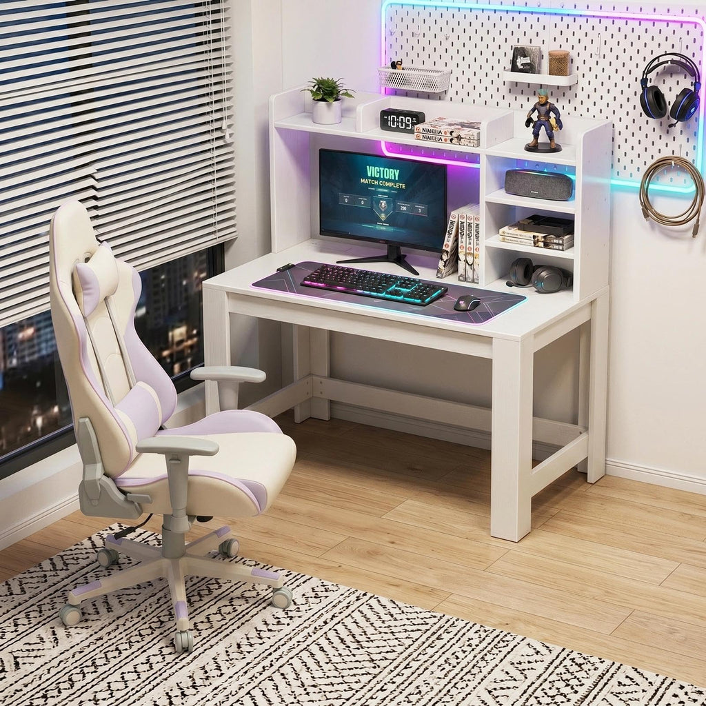 White Student Desk with Hutch and Built-in Power Outlet D3681
