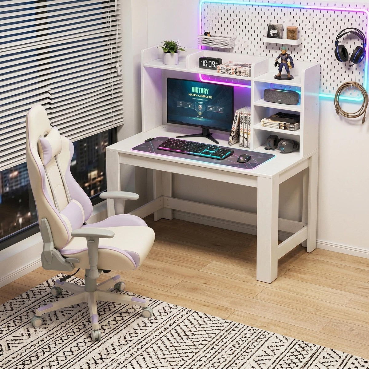 White Student Desk with Hutch and Built-in Power Outlet D3681