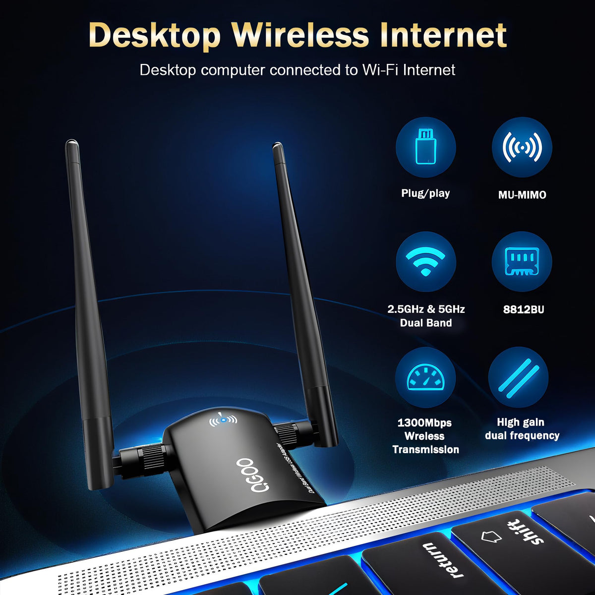 Wireless AC1300Mbps USB 3.0 WiFi Adapter with 5dBi Dual Antennas E404932