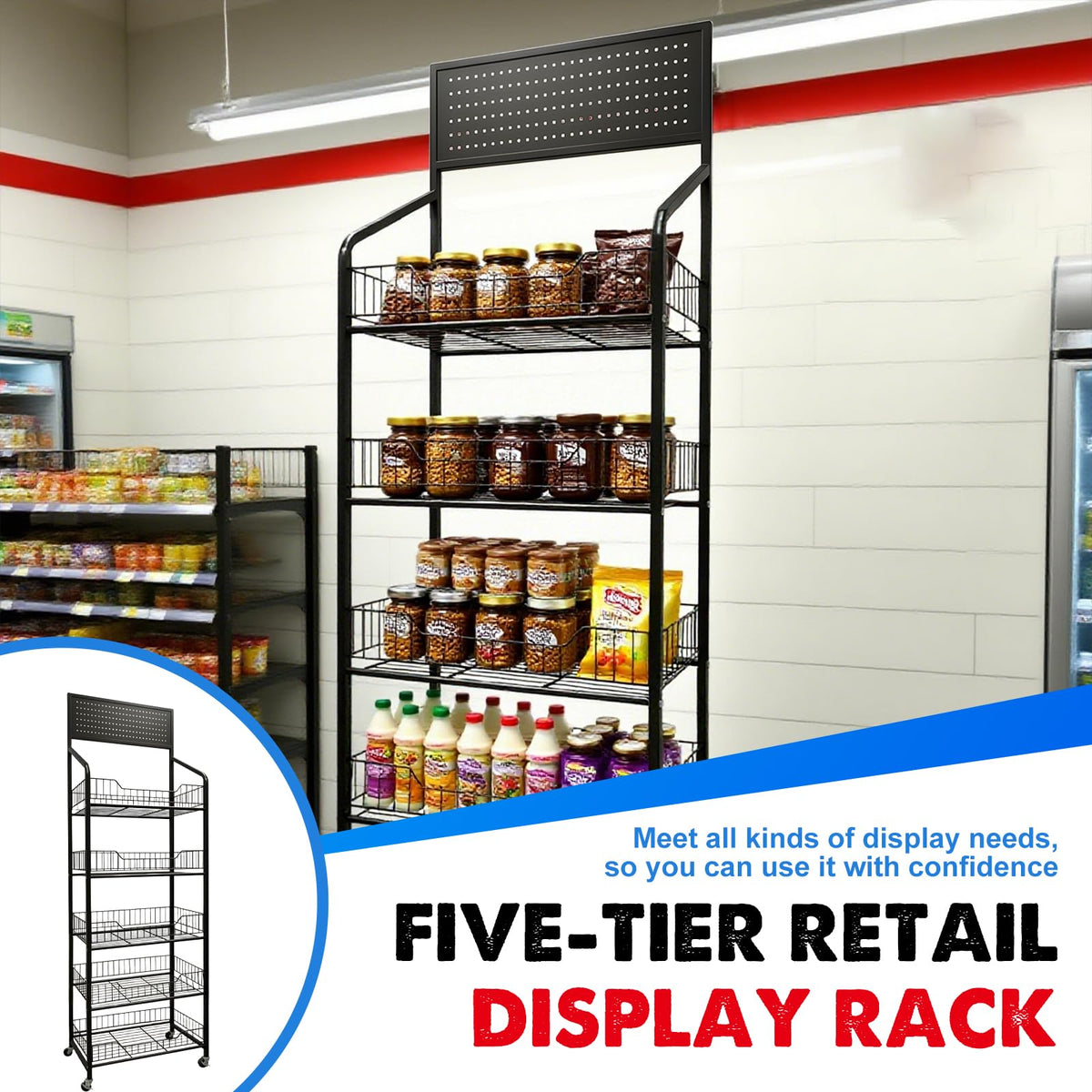 5 Tier Metal Candy Display Rack with Wheels & 15 Hooks O893233