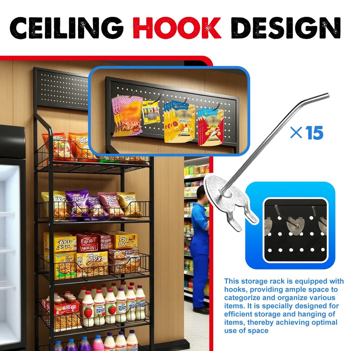 5 Tier Metal Candy Display Rack with Wheels & 15 Hooks O893233