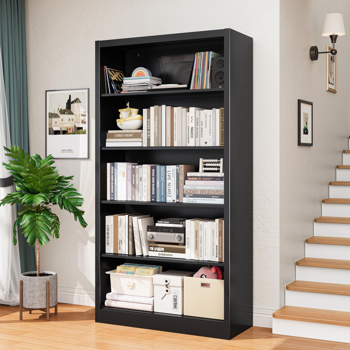 Black 5-Tier Adjustable Metal Bookshelf V7735