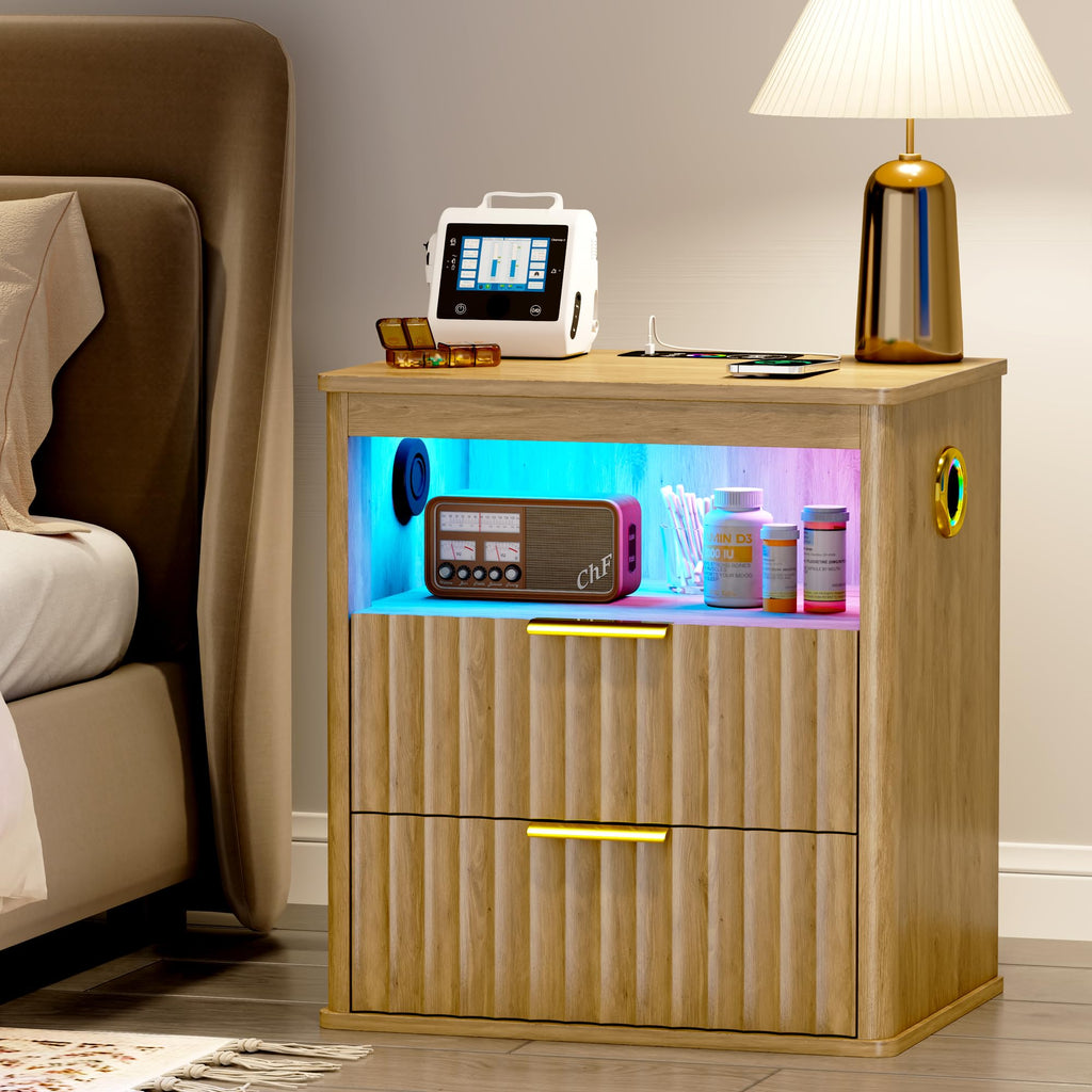 LED Nightstand with Charging Station and 2 Drawers M17262