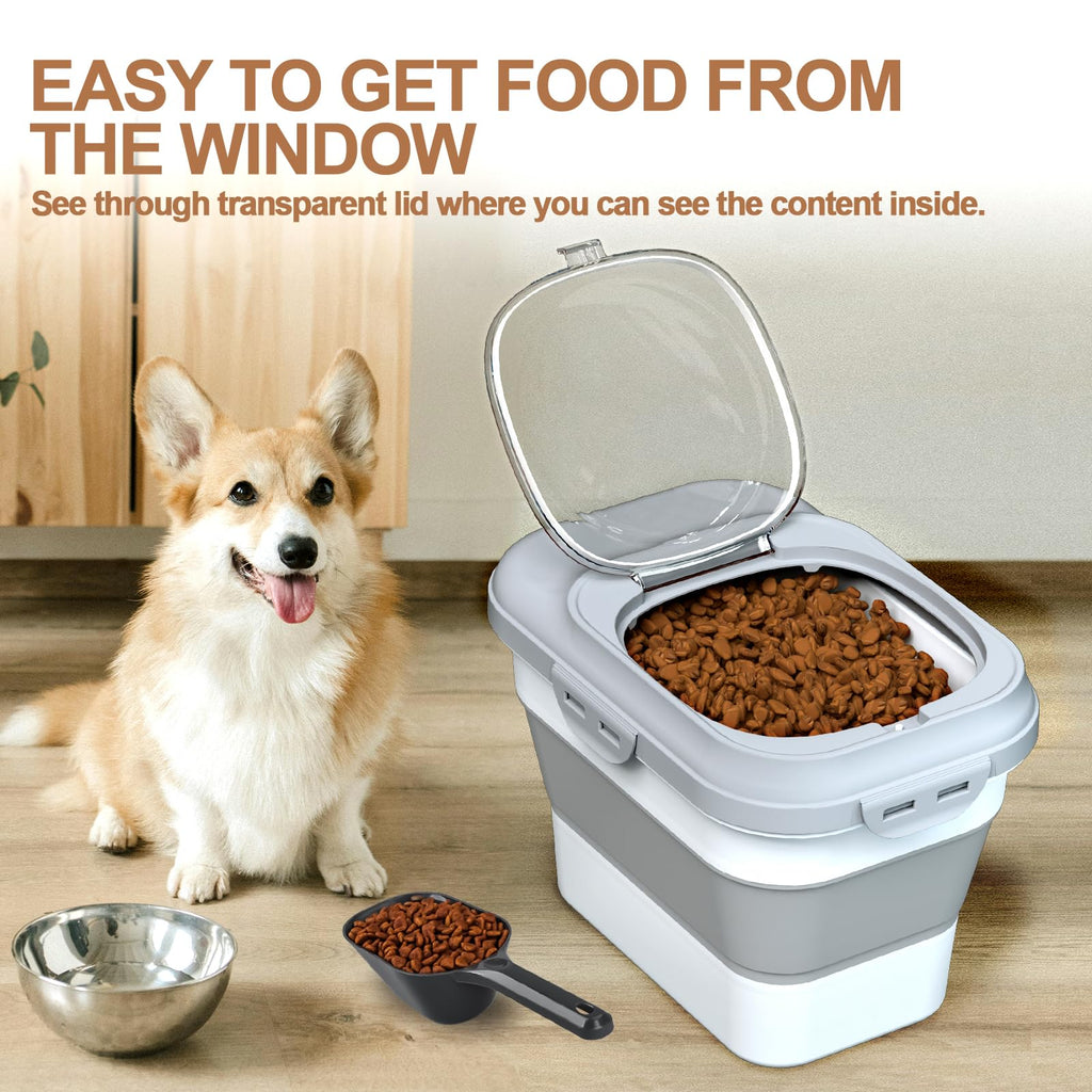Collapsible Dog Cat Food Storage Container with Scoop Grey F557
