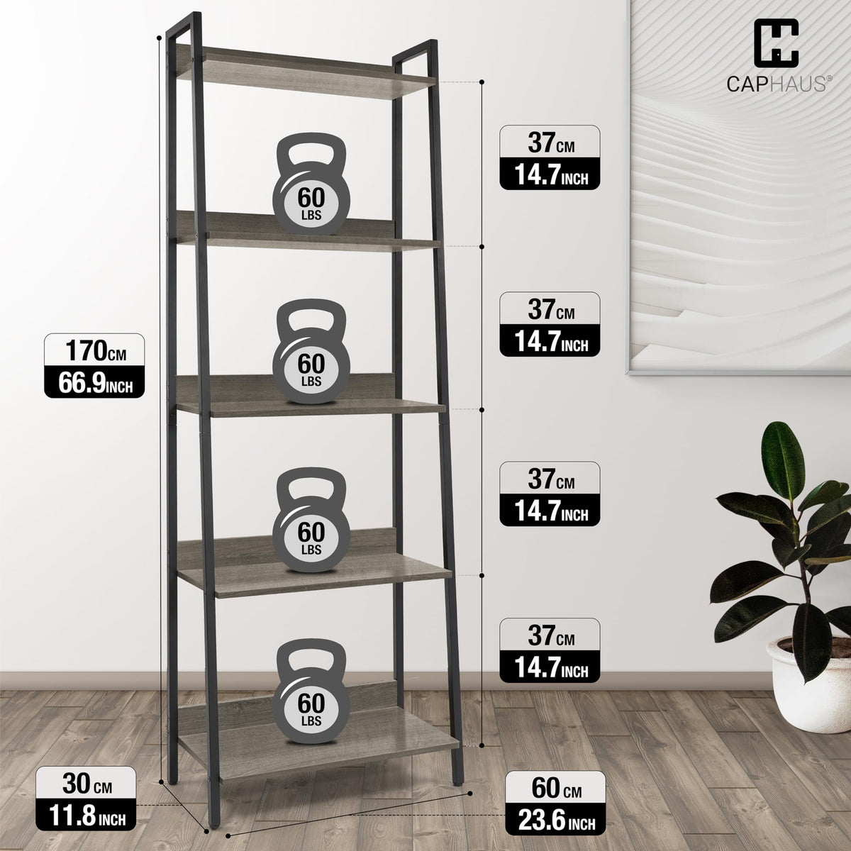 5 Tier Ladder Bookshelf, 24 Inch Free Standing Storage Rack, Dark Grey Q4671
