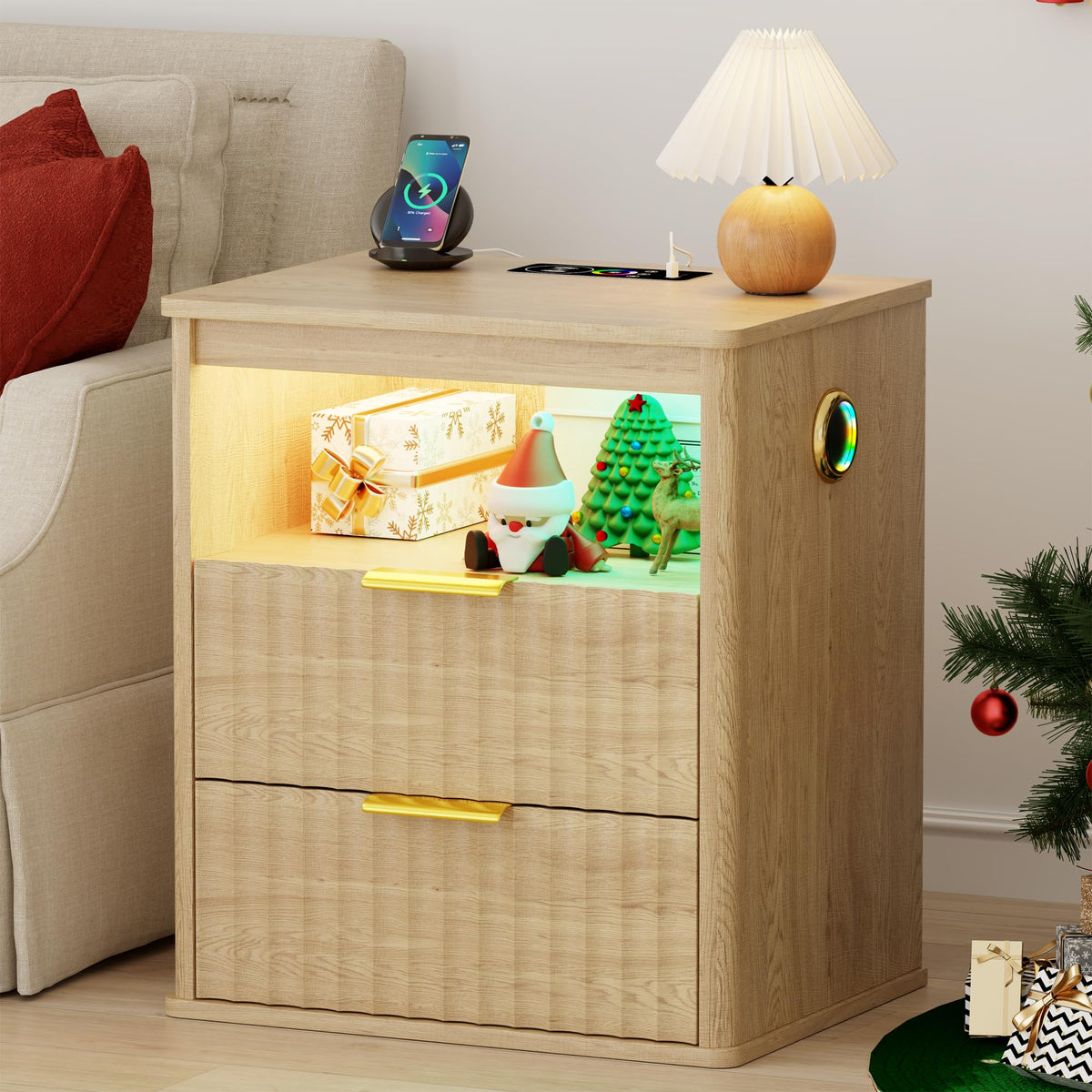 LED Nightstand with Charging Station and 2 Drawers M17262