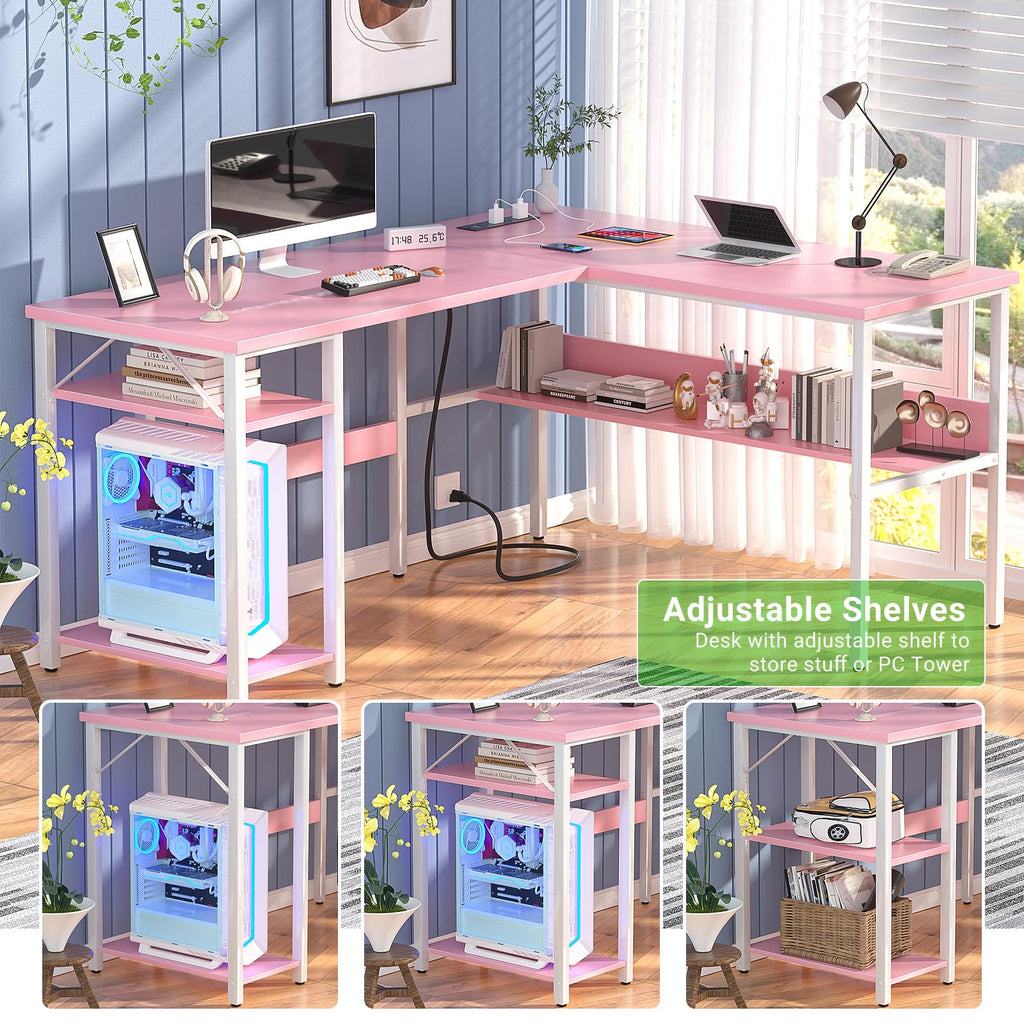 Pink L Shaped Desk with Power Outlets and USB Charging Ports D116920