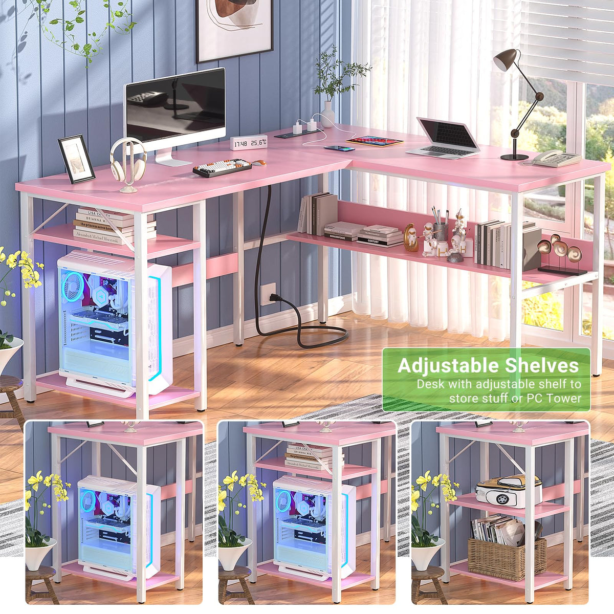 Pink L Shaped Desk with Power Outlets and USB Charging Ports D116920