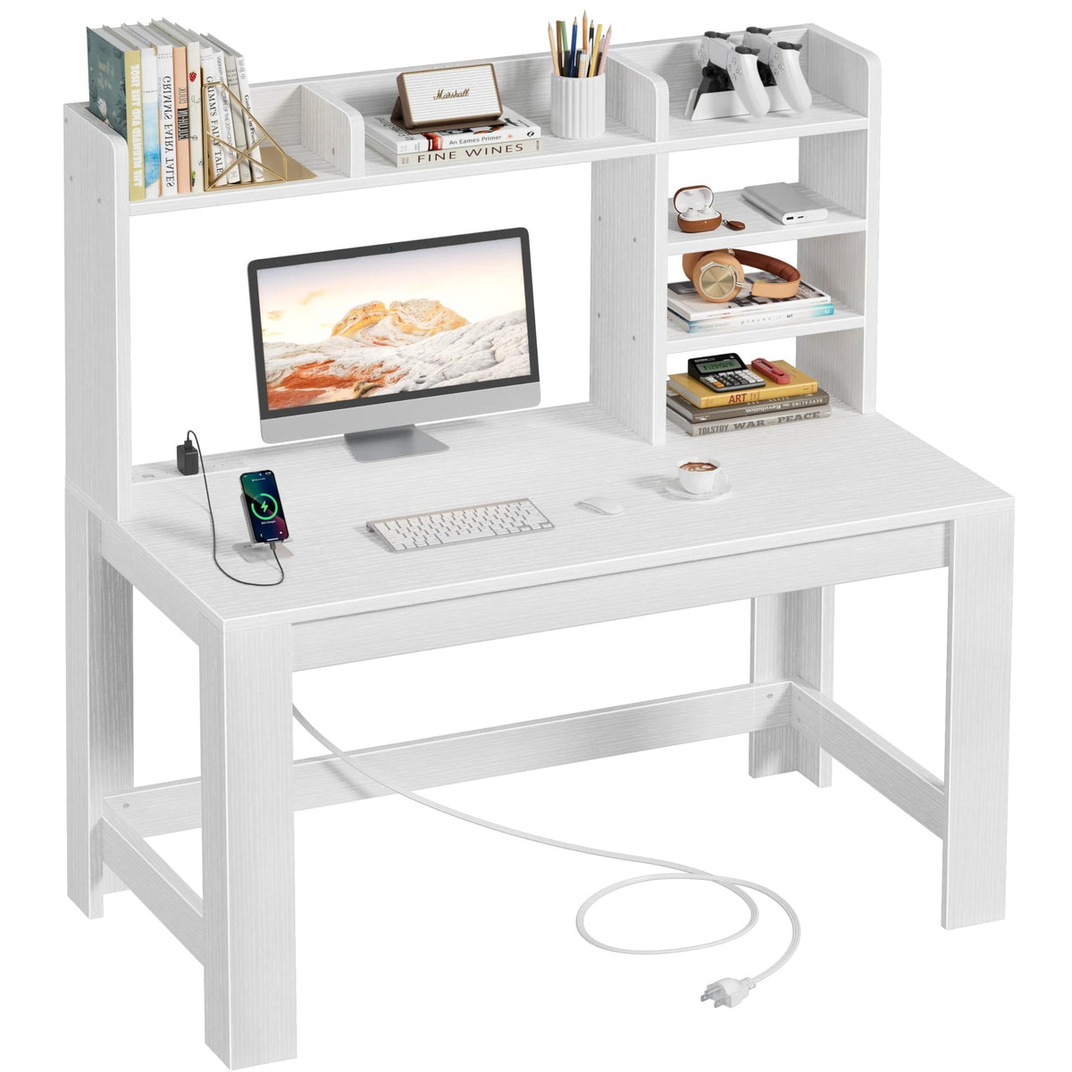 White Student Desk with Hutch and Built-in Power Outlet D3681