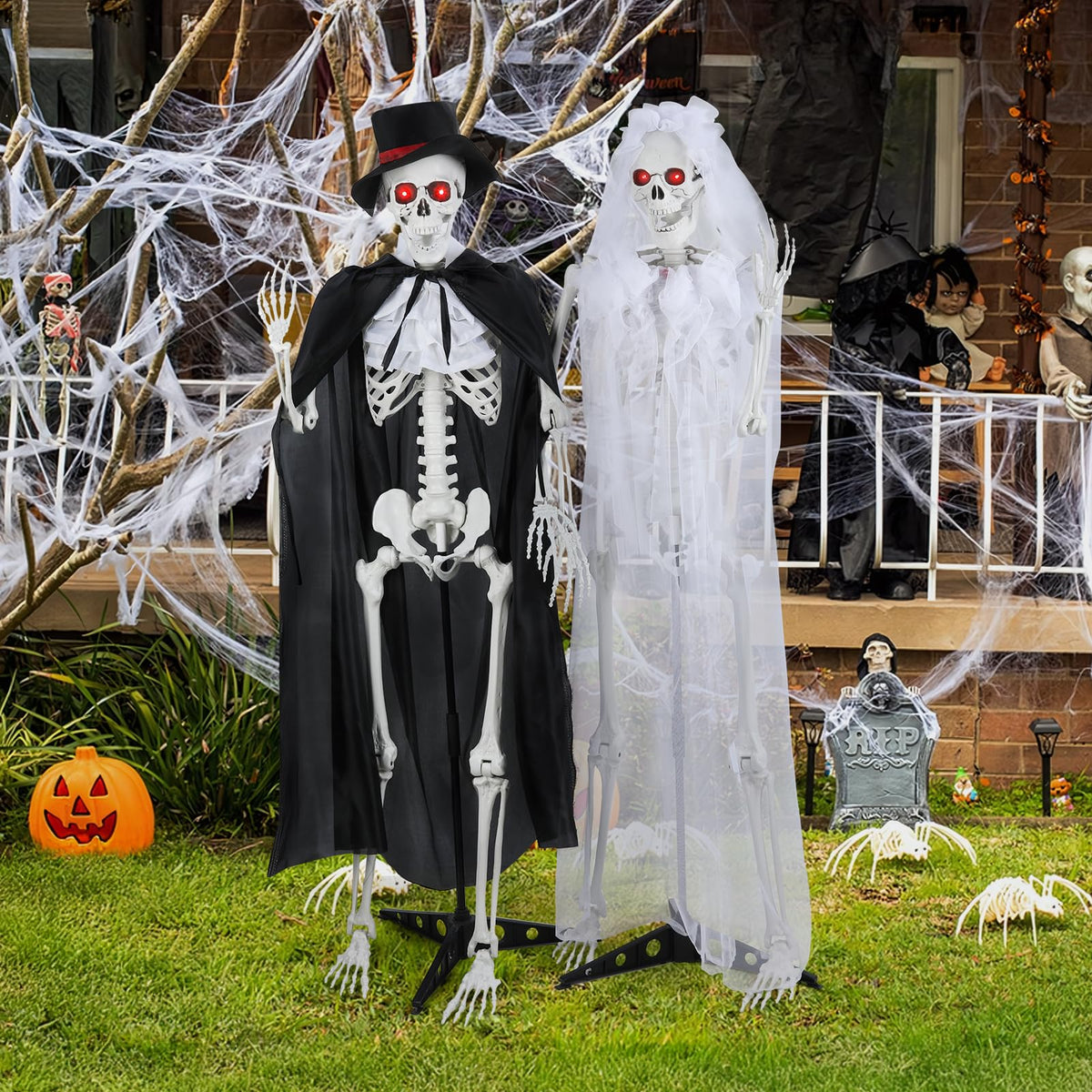 2 Pack Life Size Skeleton Bride and Groom with LED Glowing Eyes and Movable Joints D5386