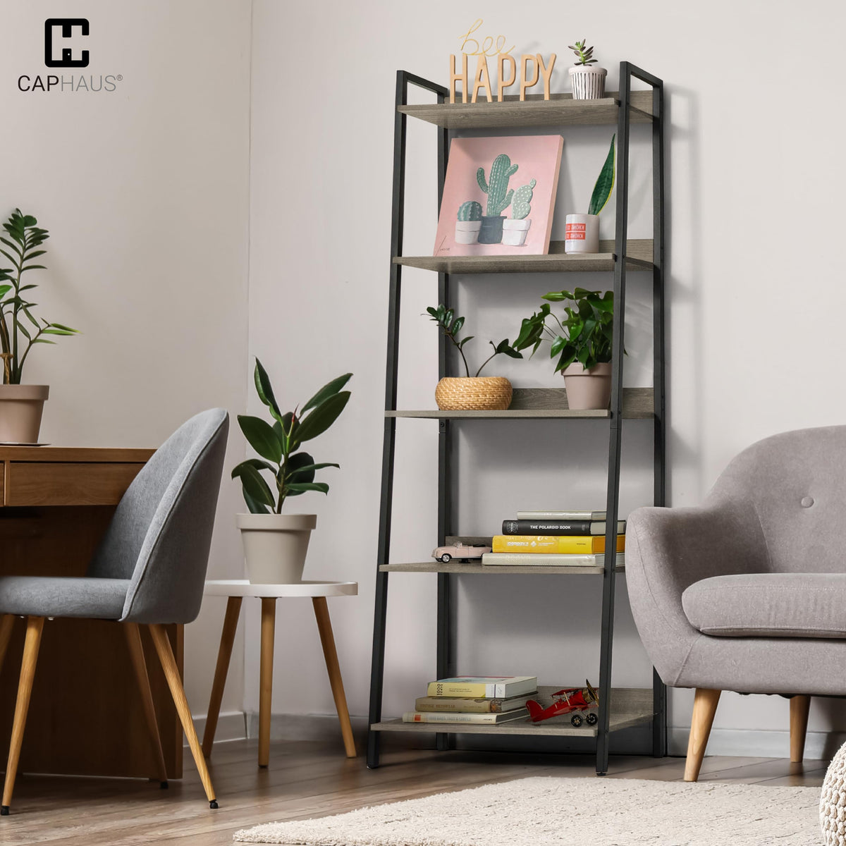 5 Tier Ladder Bookshelf, 24 Inch Free Standing Storage Rack, Dark Grey Q4671