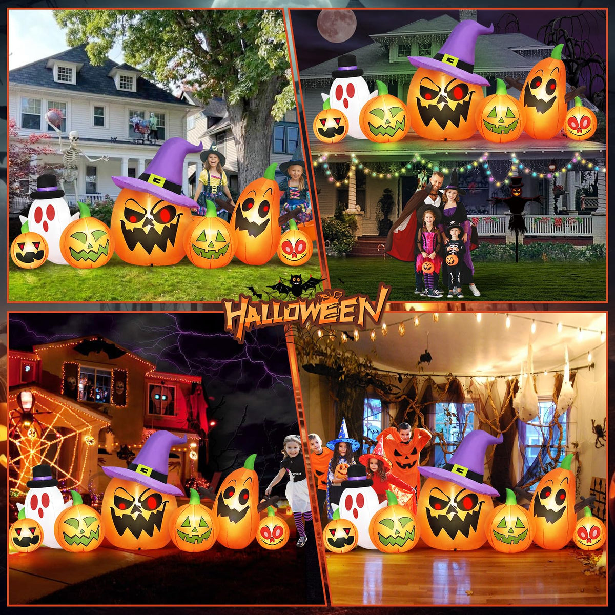 8FT Halloween Inflatables Pumpkin Witch Hat & Ghost Combo A85707