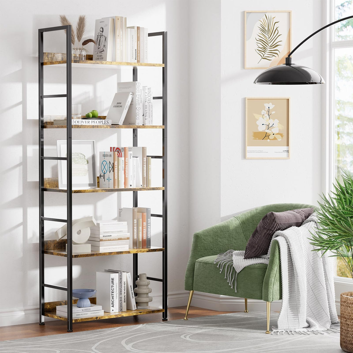5 Tier Wood and Black Metal Bookshelf P741487