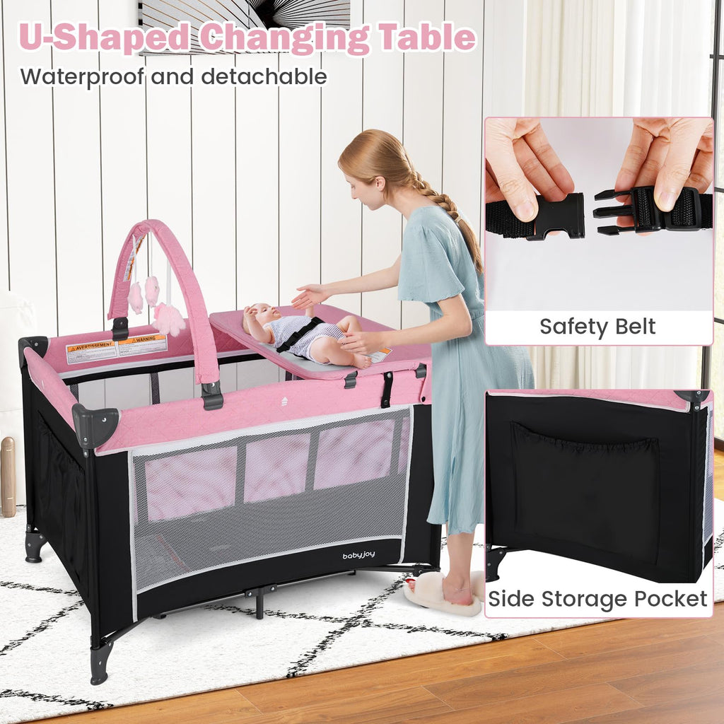 3 in 1 Pink Pack and Play Baby Crib Bassinet S708